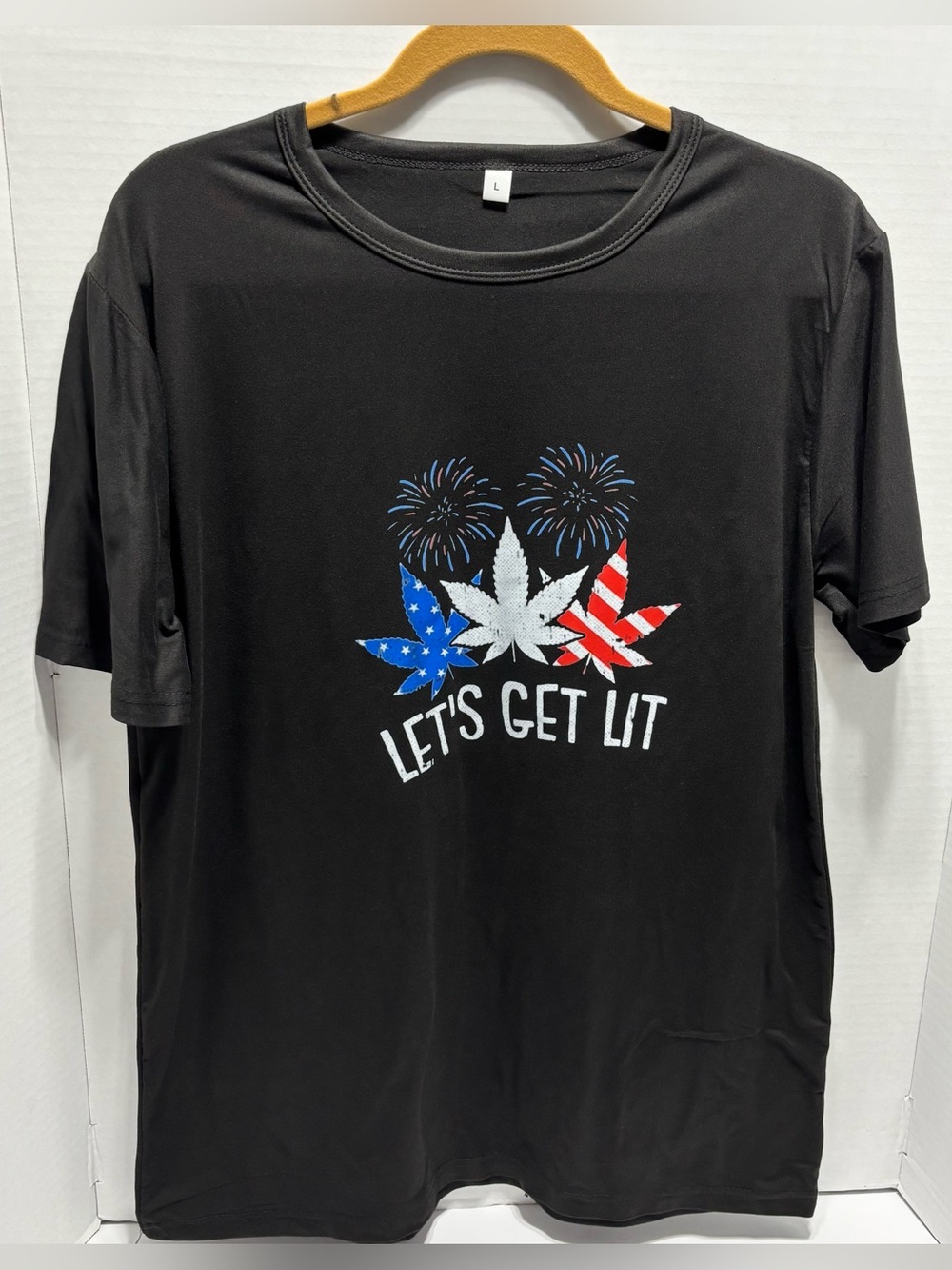 Men's Black Graphic Tee "Let's Get Lit" - Patriotic Leaf Design size L Unisex